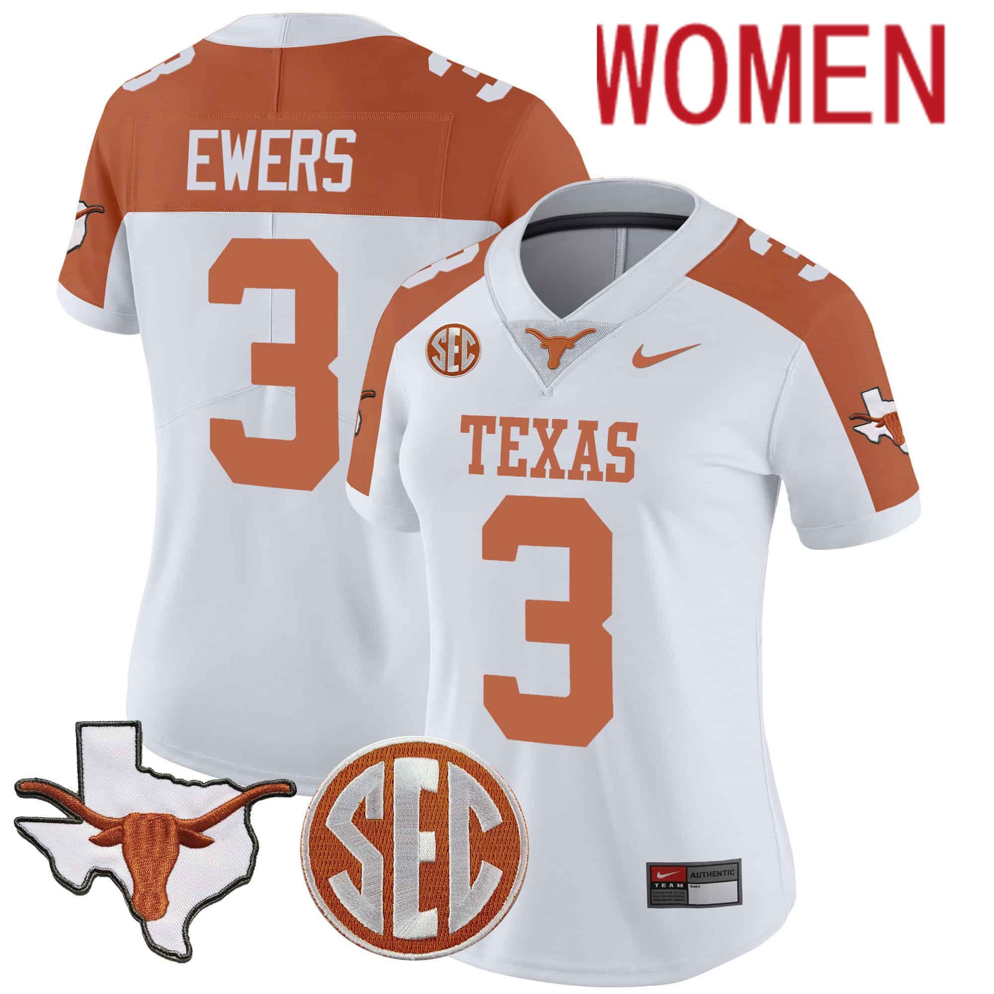Women Texas Longhorns #3 Ewers White 2024 Nike State Map & SEC Patch Vapor NCAA Jersey style 1